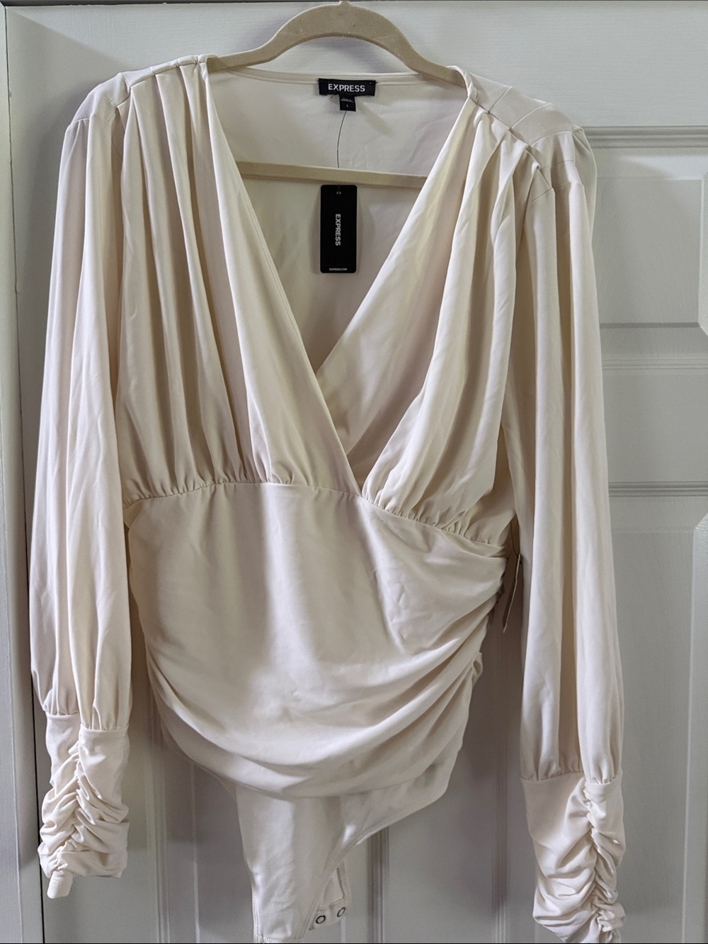Express Cream Long-Sleeve V-Neck Surplice Bodysuit